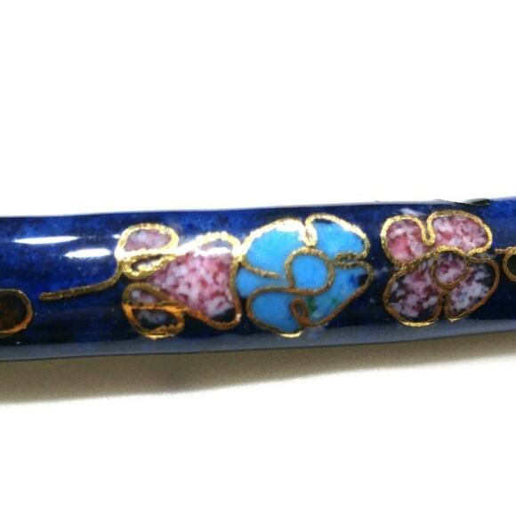 Vintage Cloisonné Bangle Bracelet, Blue Pink Floral Enamel, Asian 1960s, 8 3/4" - Picture 2 of 12